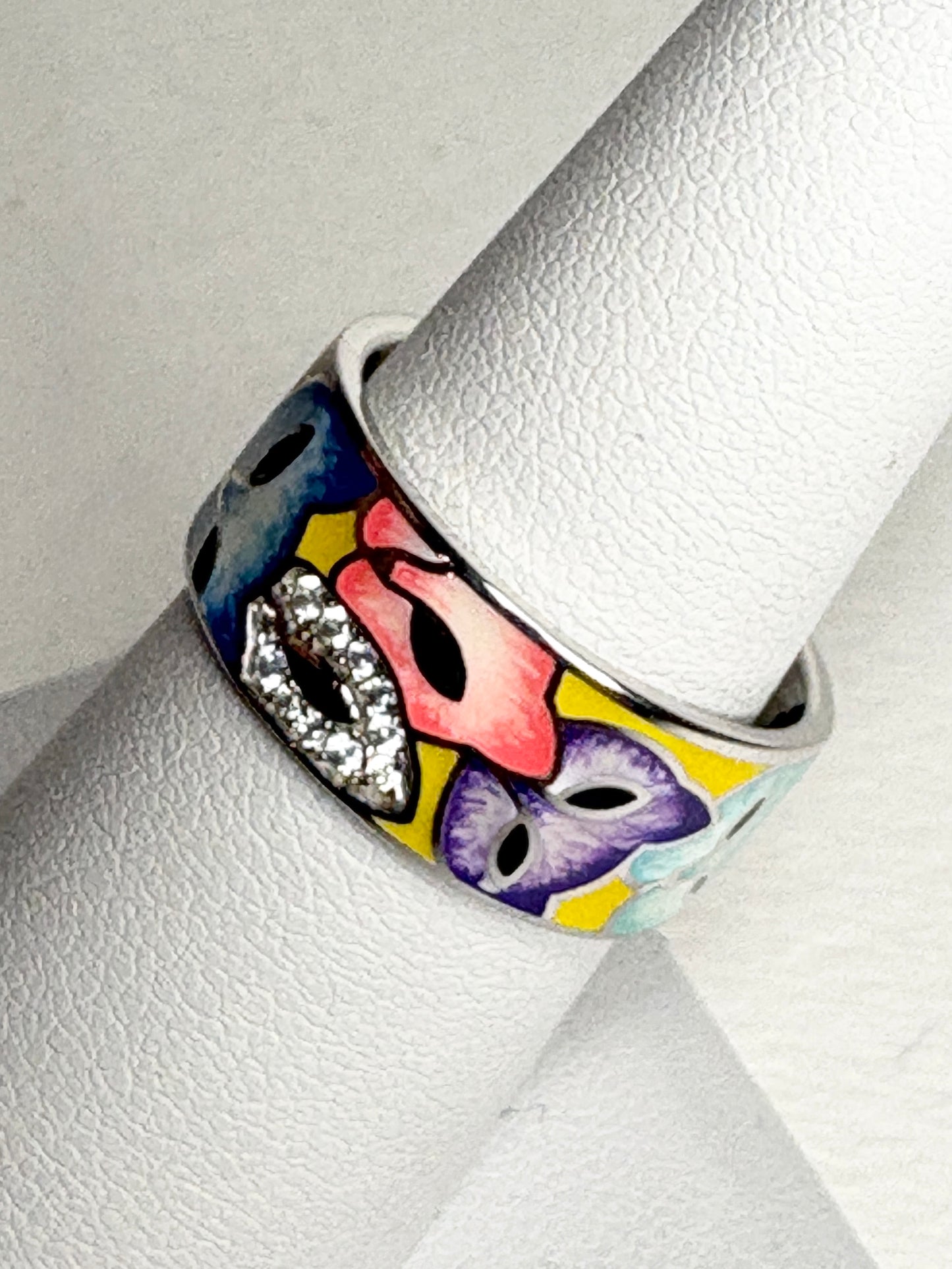 Colorful Enamel Cat Ring with Crystals in Sterling Silver Wide Band 9mm size 7