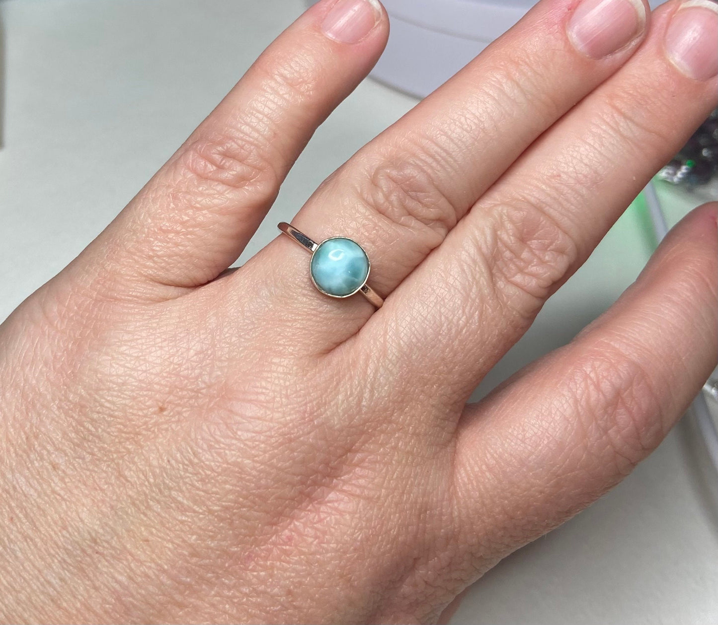Larimar cabochon bezel set band ring size 7