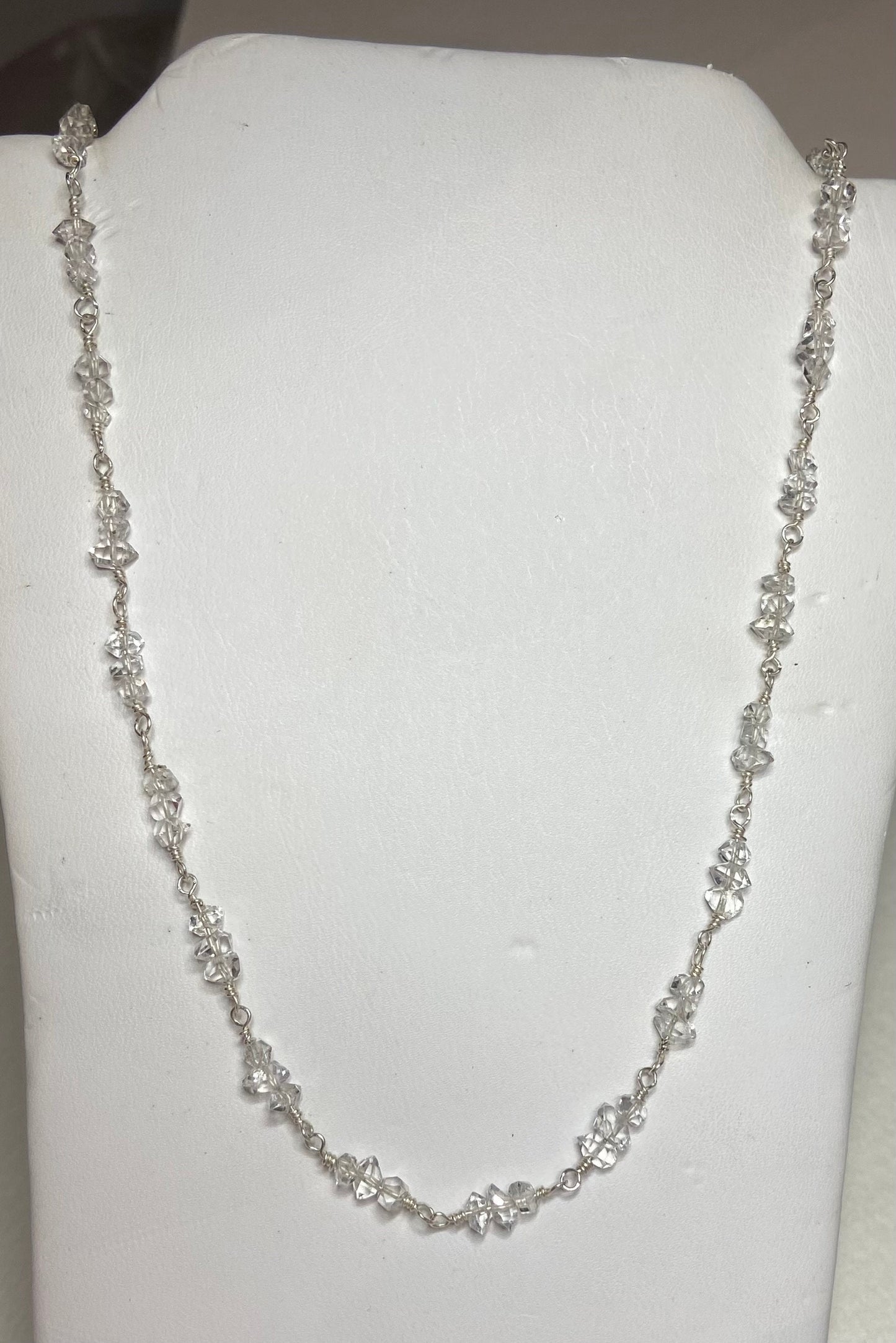 Sterling silver necklace with double terminated Herkimer diamond quartz crystals.