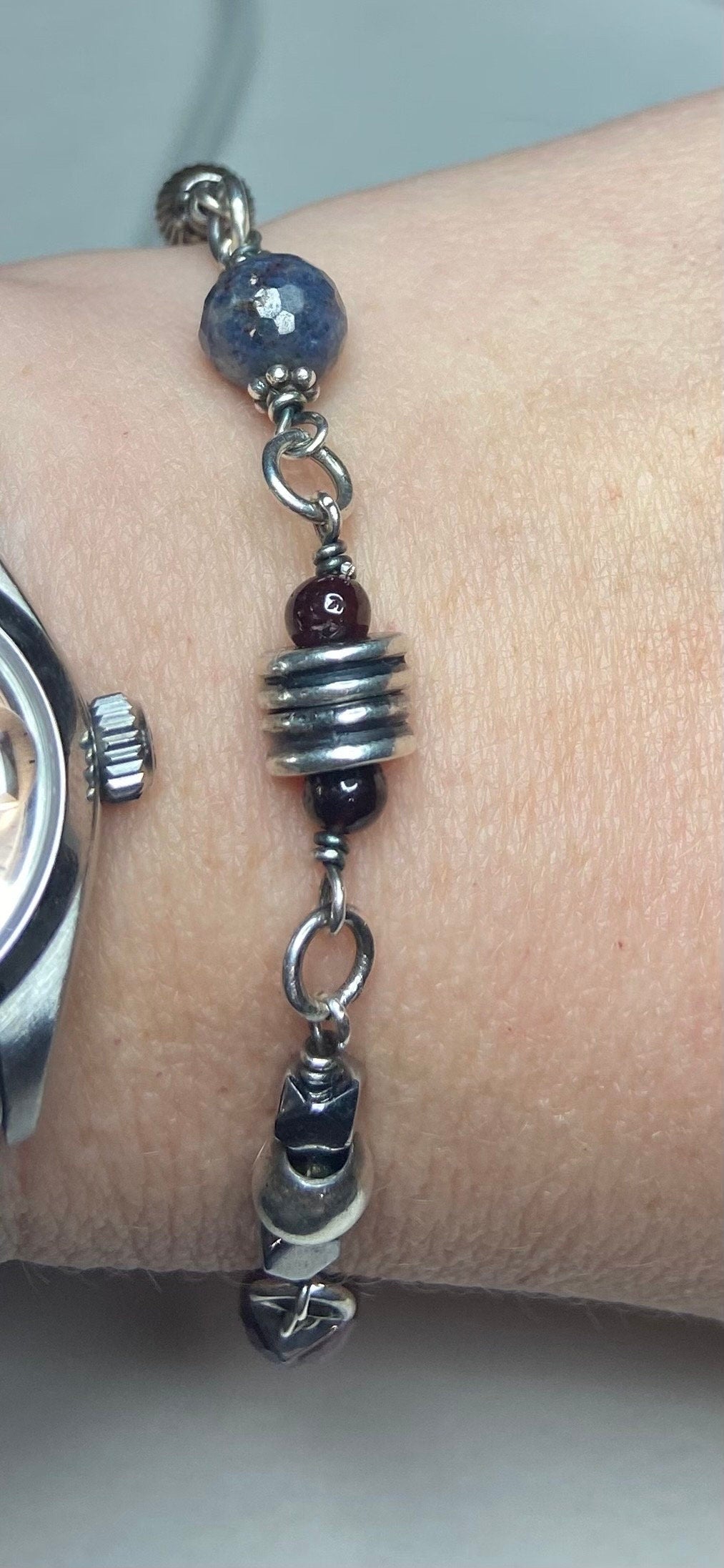 Solid Sterling Silver Sapphire and Ruby beaded bracelet