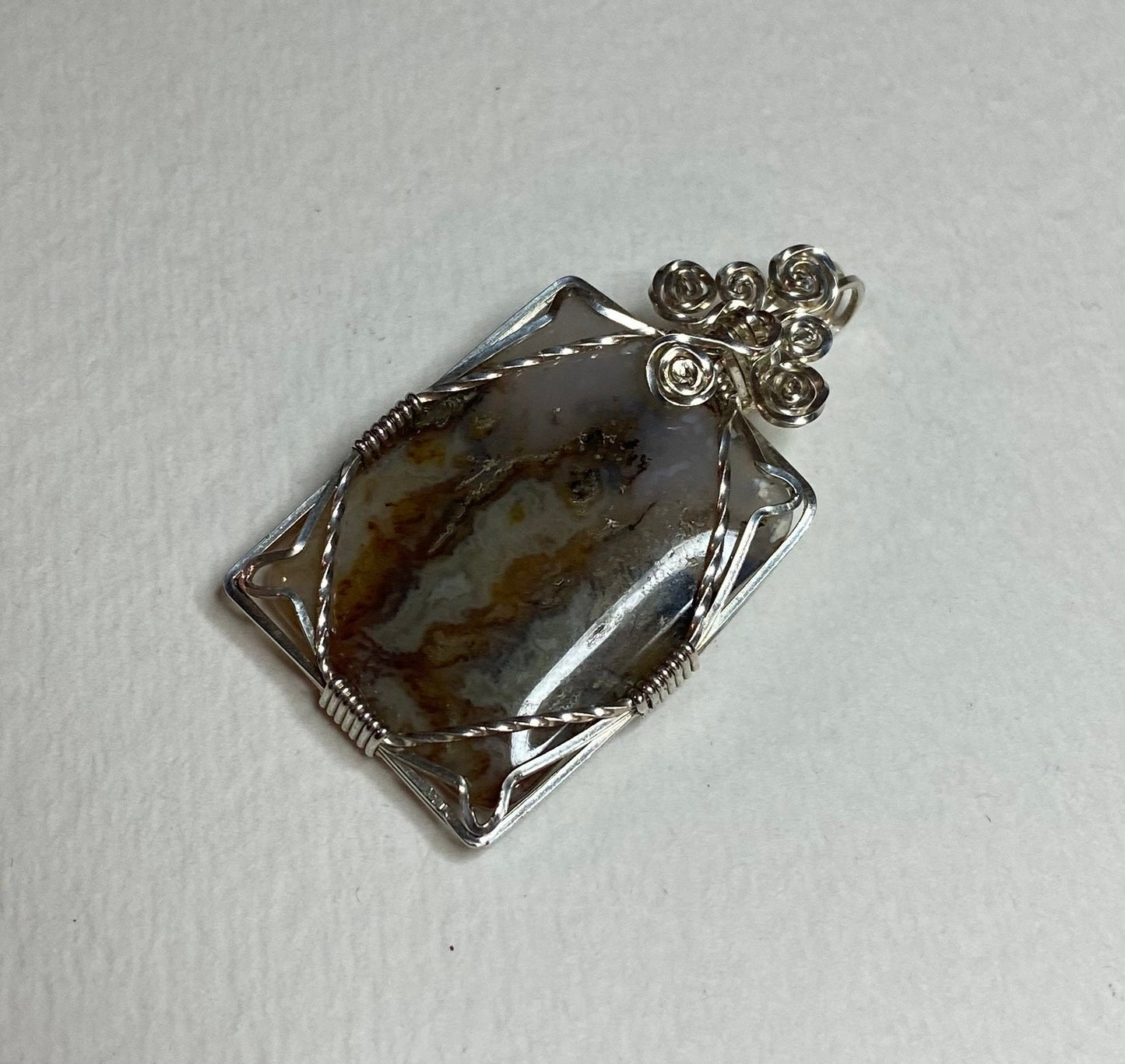 Idaho Plume/Flame Agate (Graveyard Point material) sterling silver wire wrapped pendant
