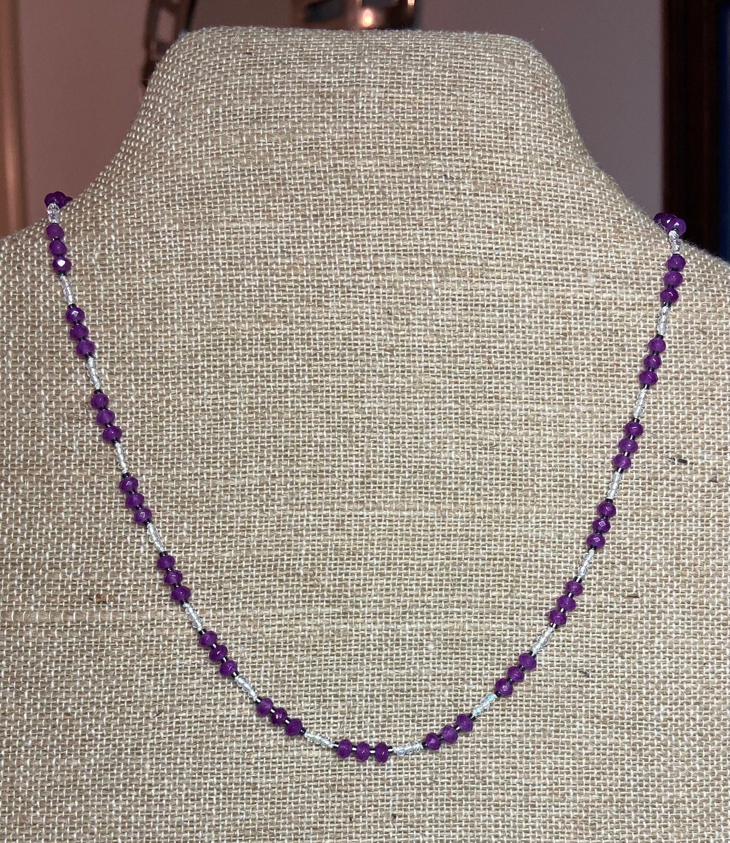Purple Jadeite, hematite and crystal hand knotted necklace in sterling silver with adjustable extender