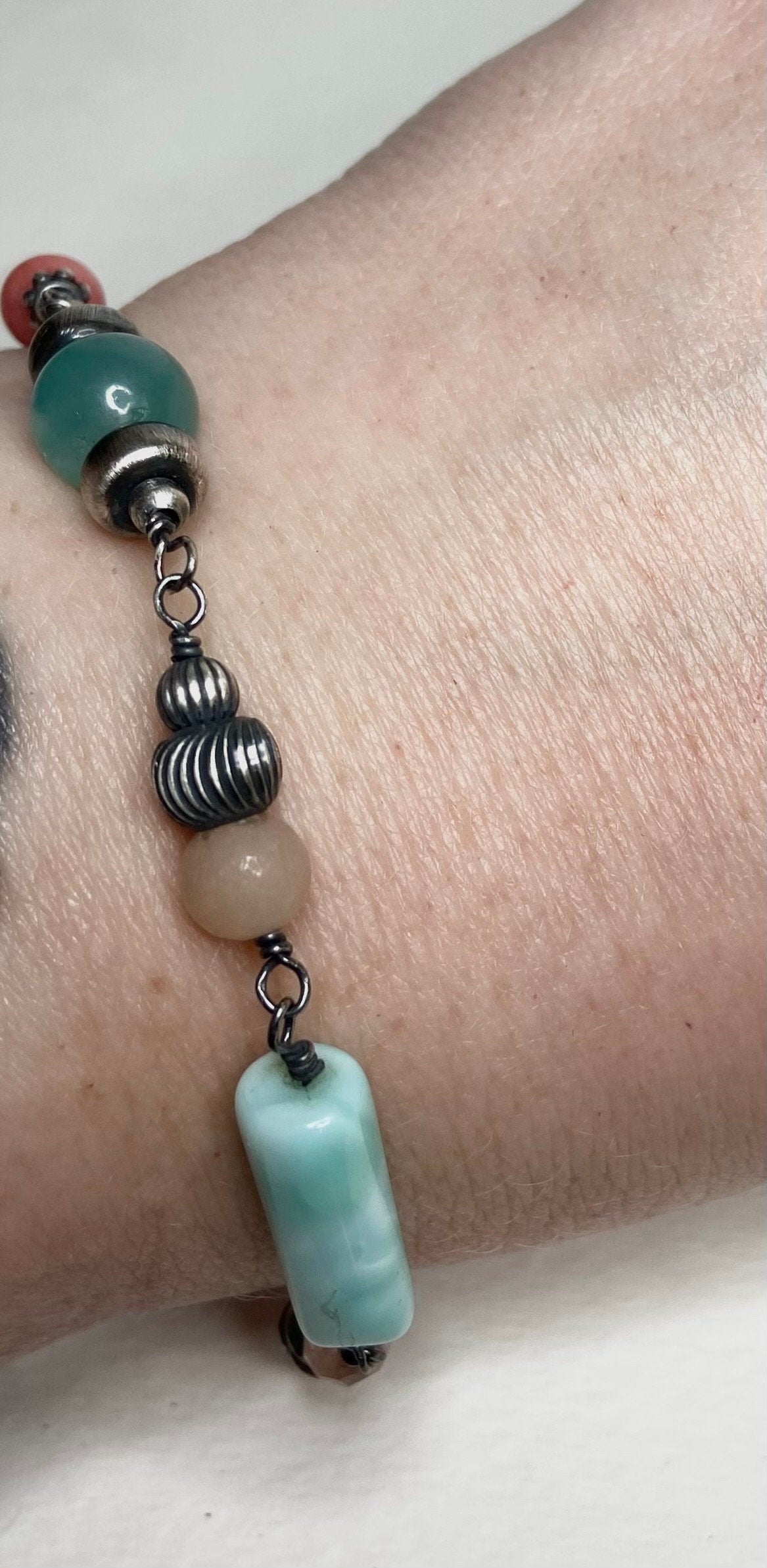 Eclectic peach and blues sterling silver wire bead bracelet Peruvian opal Oregon sunstone, rhodochrosite, morganite, amazonite and more