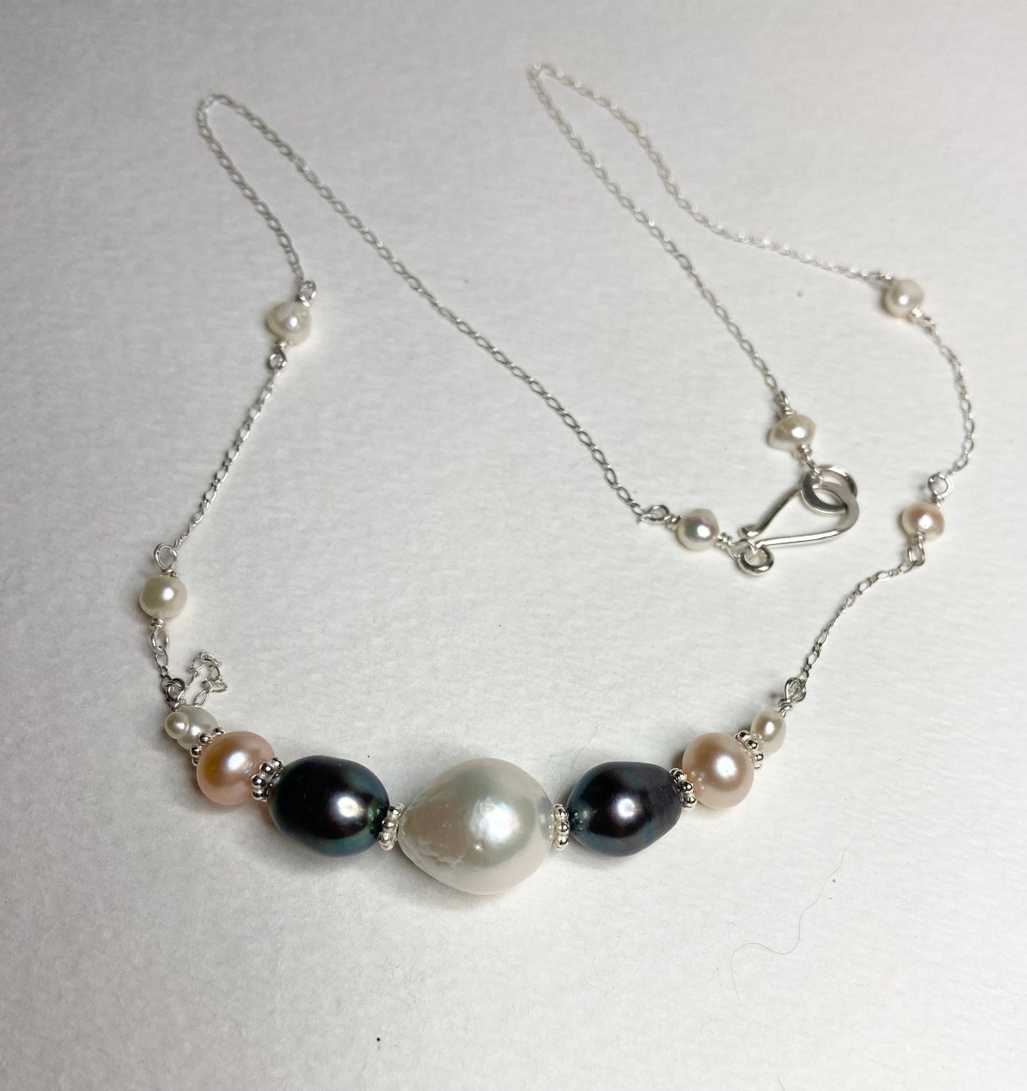 Freshwater pearl multi-colored sterling silver beaded station necklace