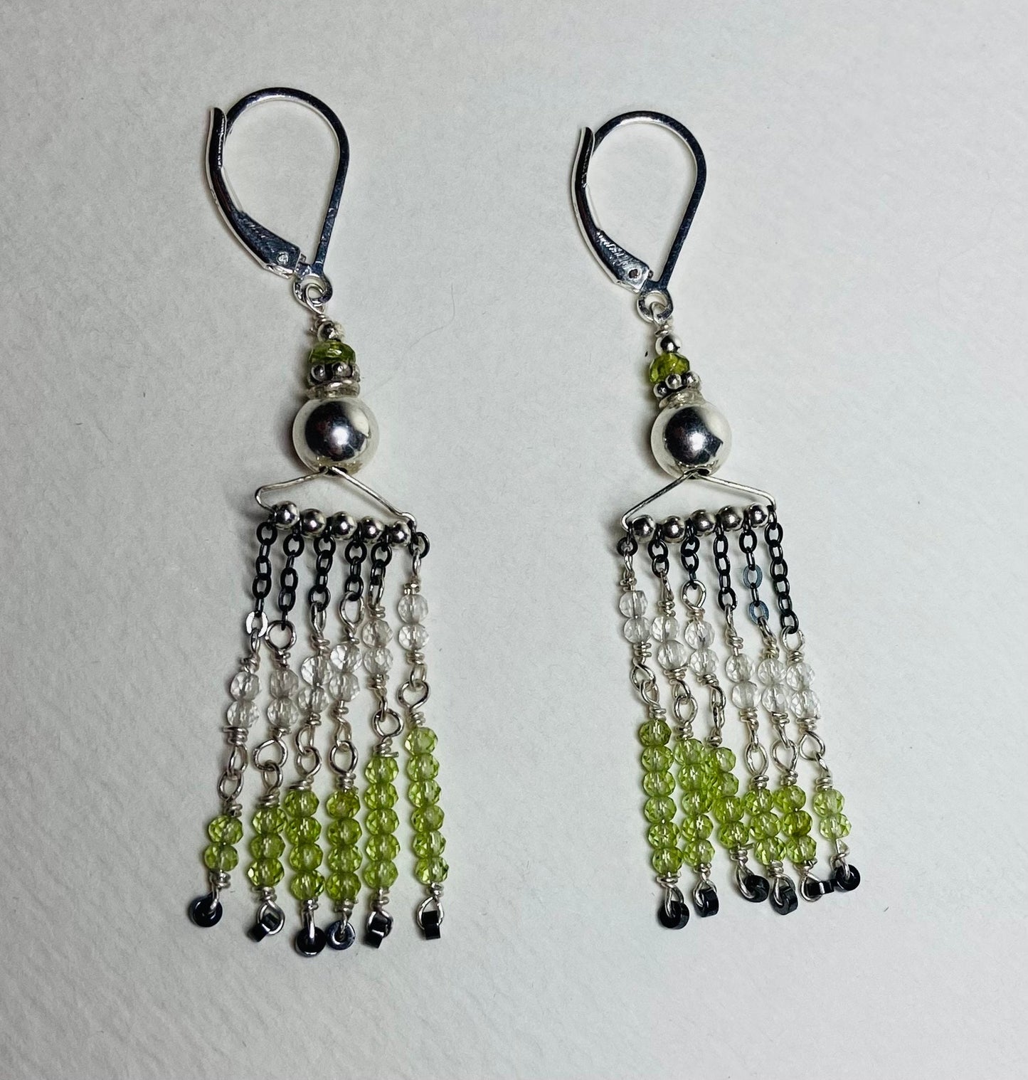 Fringe dangle drop lever back earrings peridot, vesuvianite, quartz and hematite