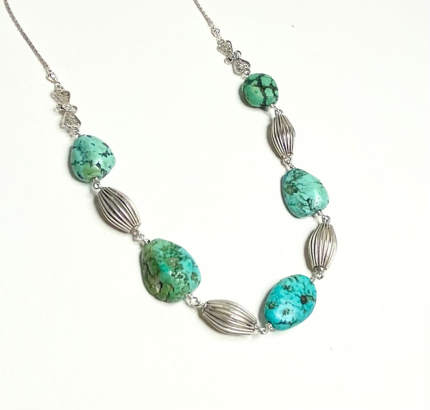 Turquoise and silver beaded necklace choker.