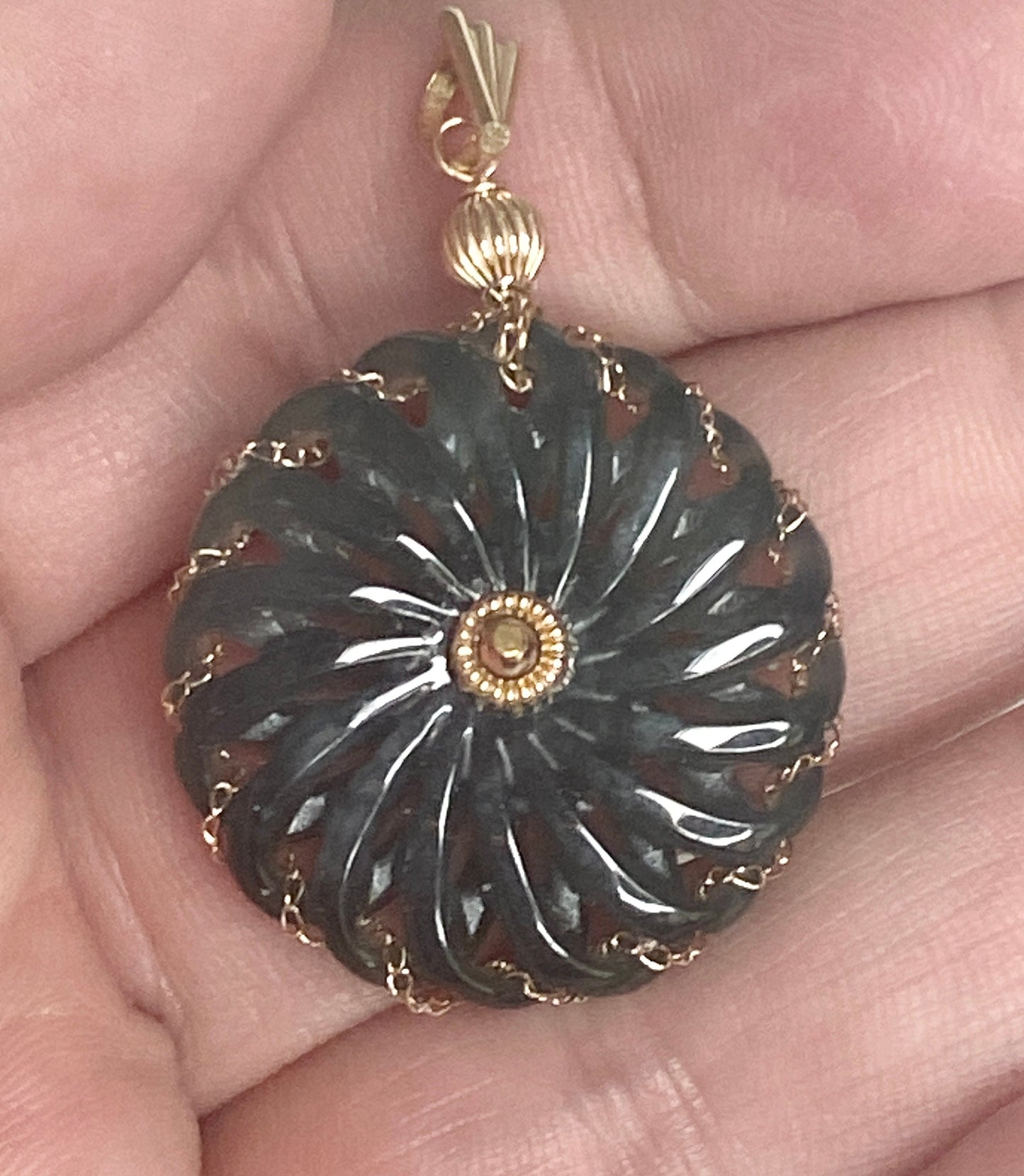 Guatemalan teal jadeite donut pendant with 14k gold accents.