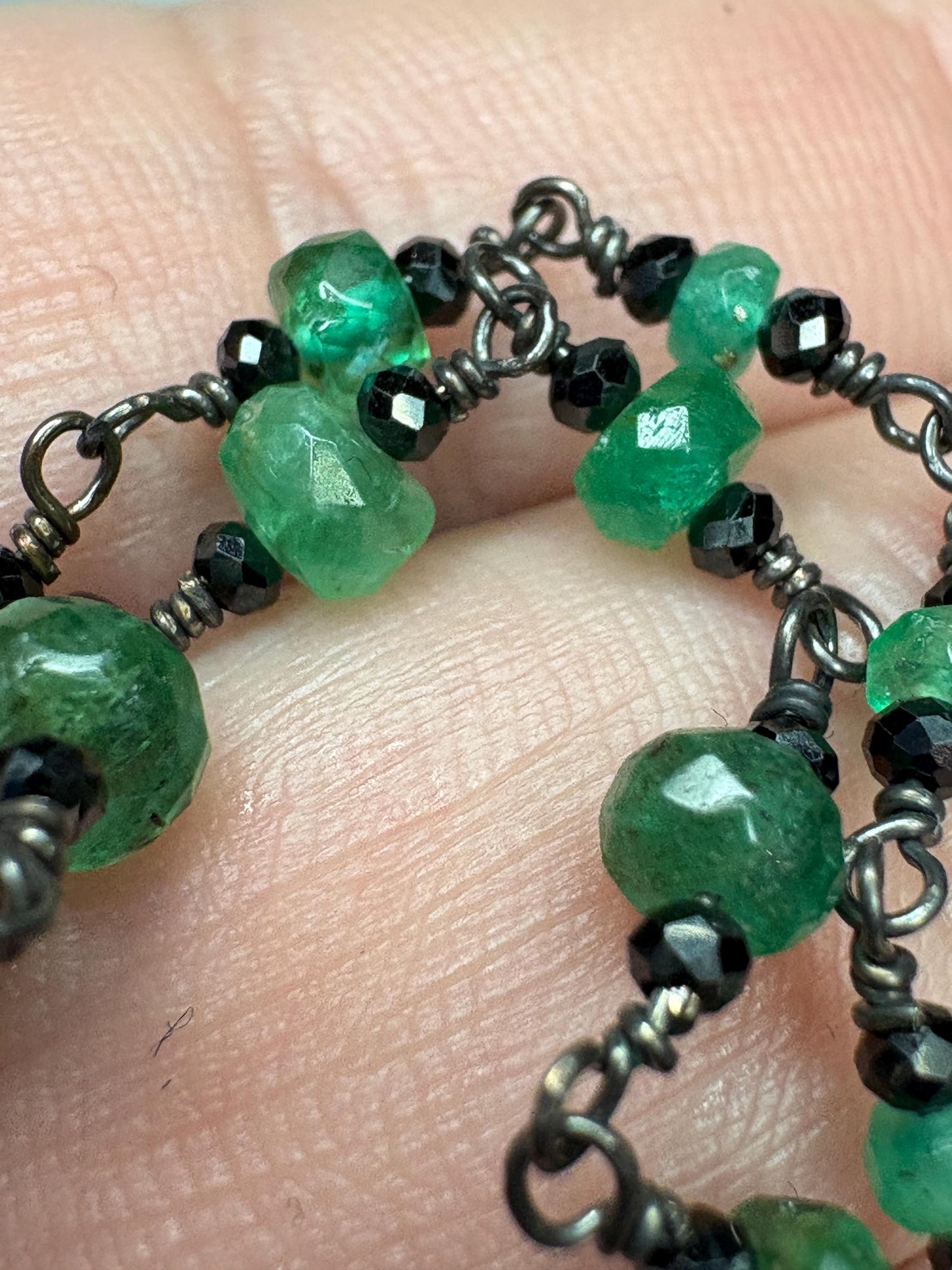Natural emerald and black diamond beads with oxidized sterling silver chain.
