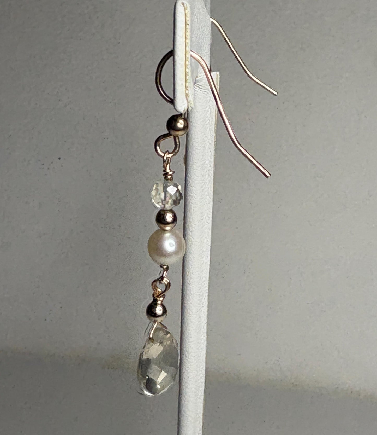 Gold filled dangle earrings with Oregon sunstone and cultured pearl.