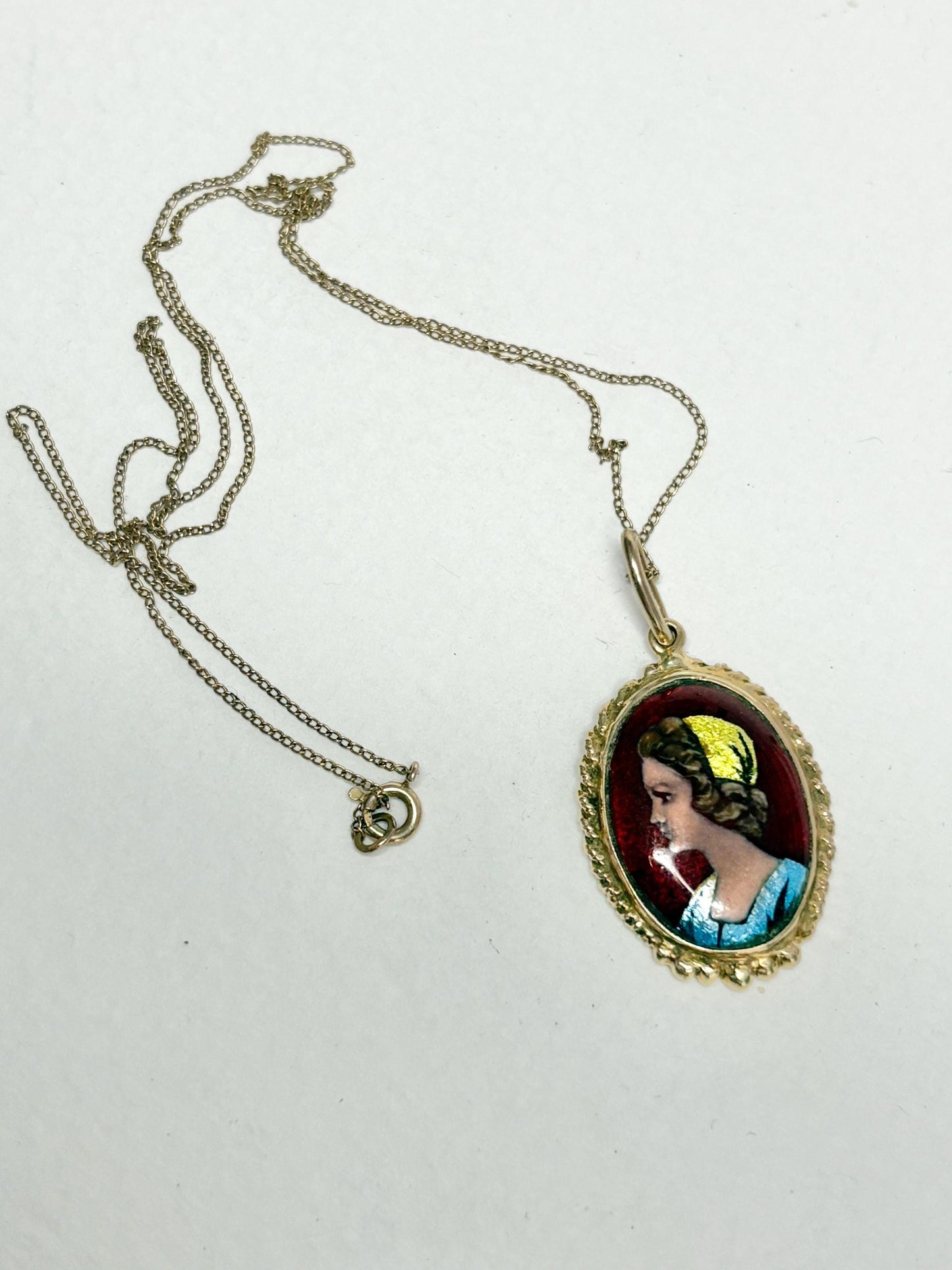 Antique French guilloche enamel pendant necklace with lady portrait on a 14k gold chain.