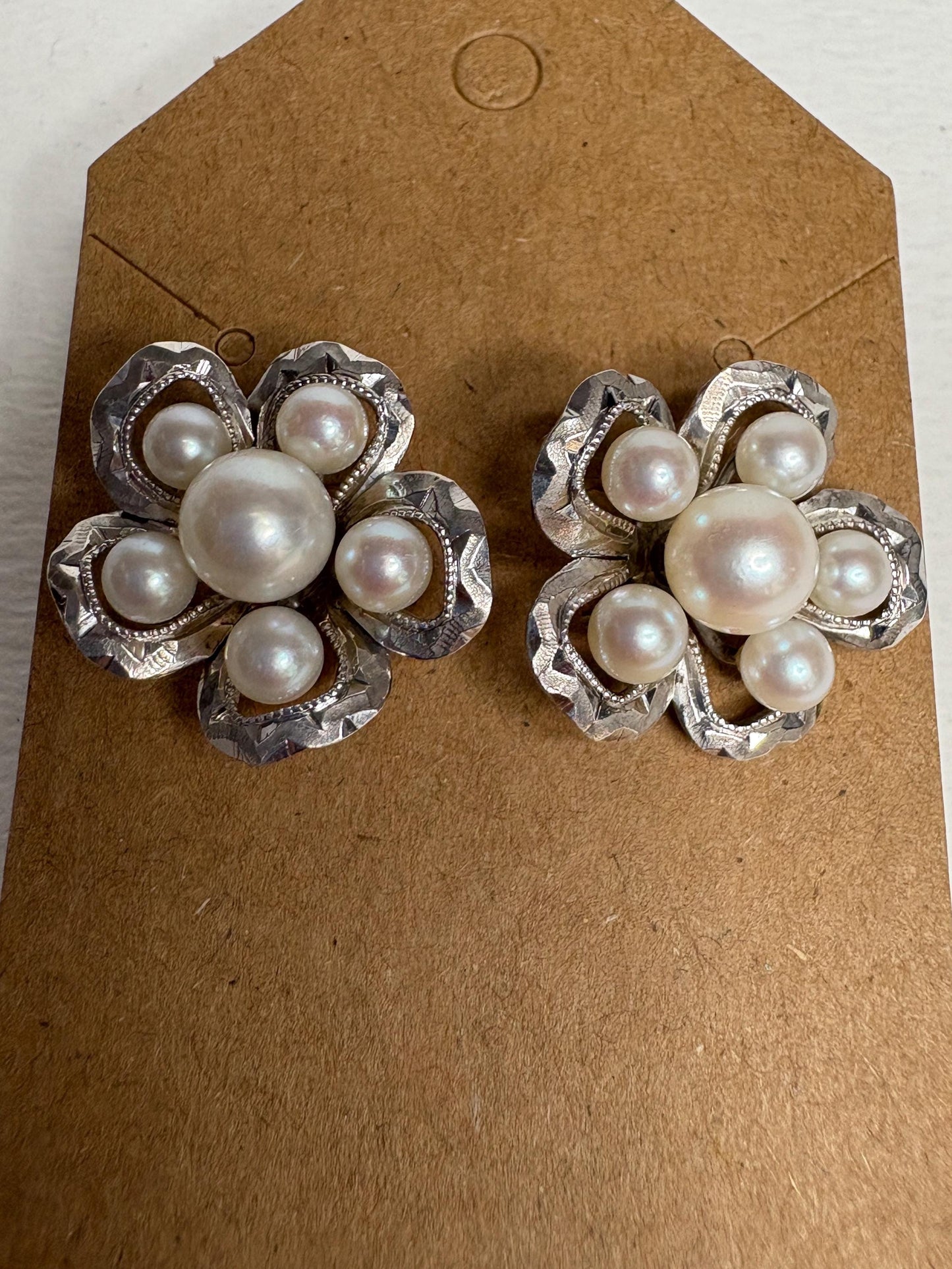 Vintage Japanese Akoya pearl cluster earrings in detailed sterling silver.