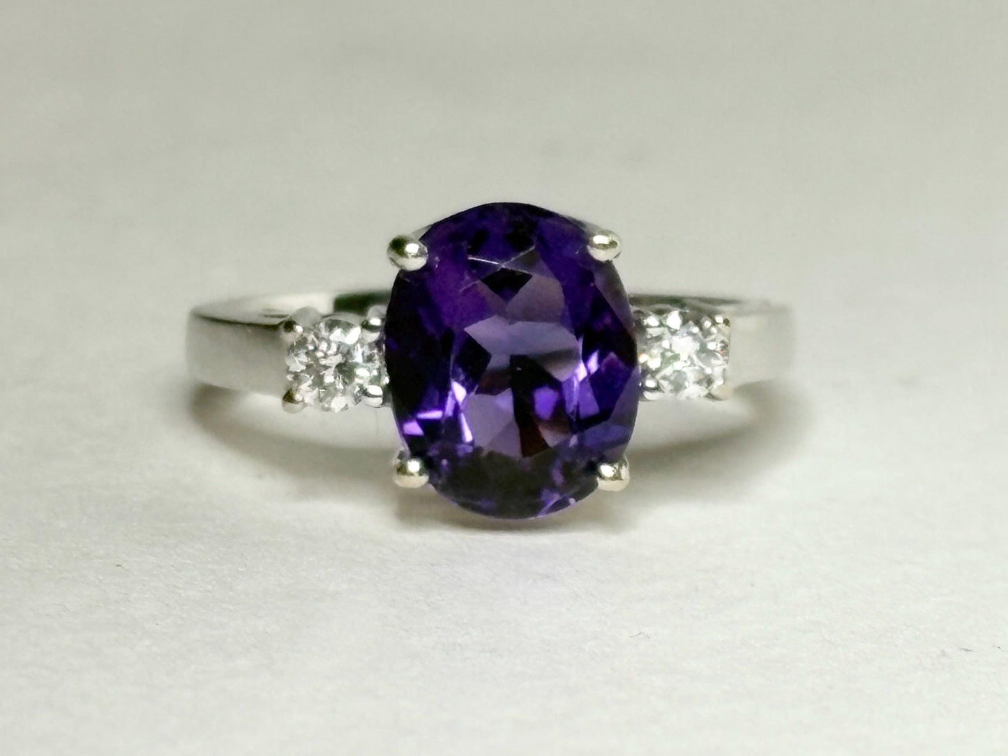 Amethyst and Diamond Ring Solid 18k White Gold Ring size 6.75