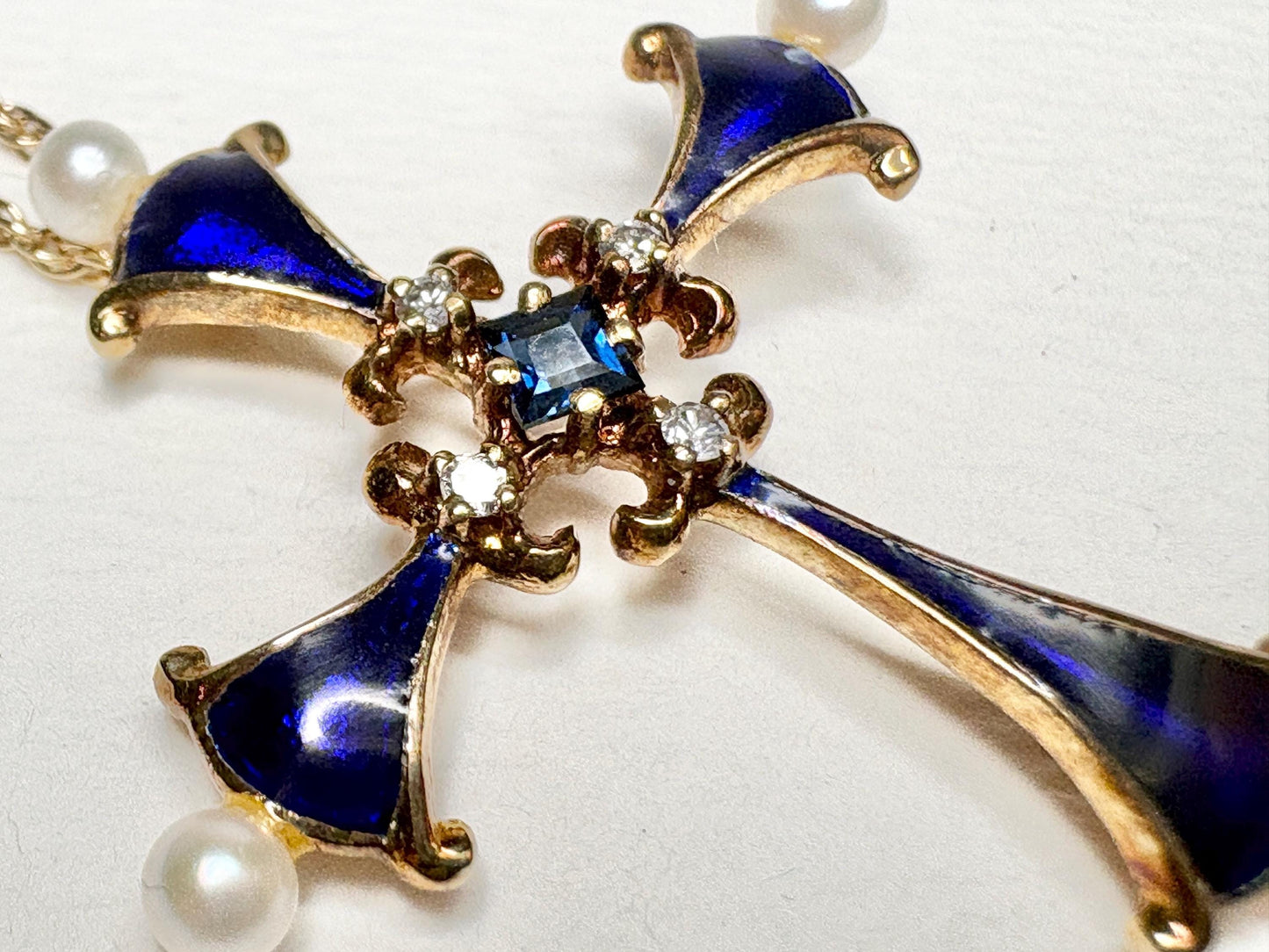 Blue House of Igor Carl Faberge Cross Pendant Necklace Akoya Pearl, Sapphire, Diamond, Guilloche in Solid 14k Gold 18" - NewLifeJewelryVault