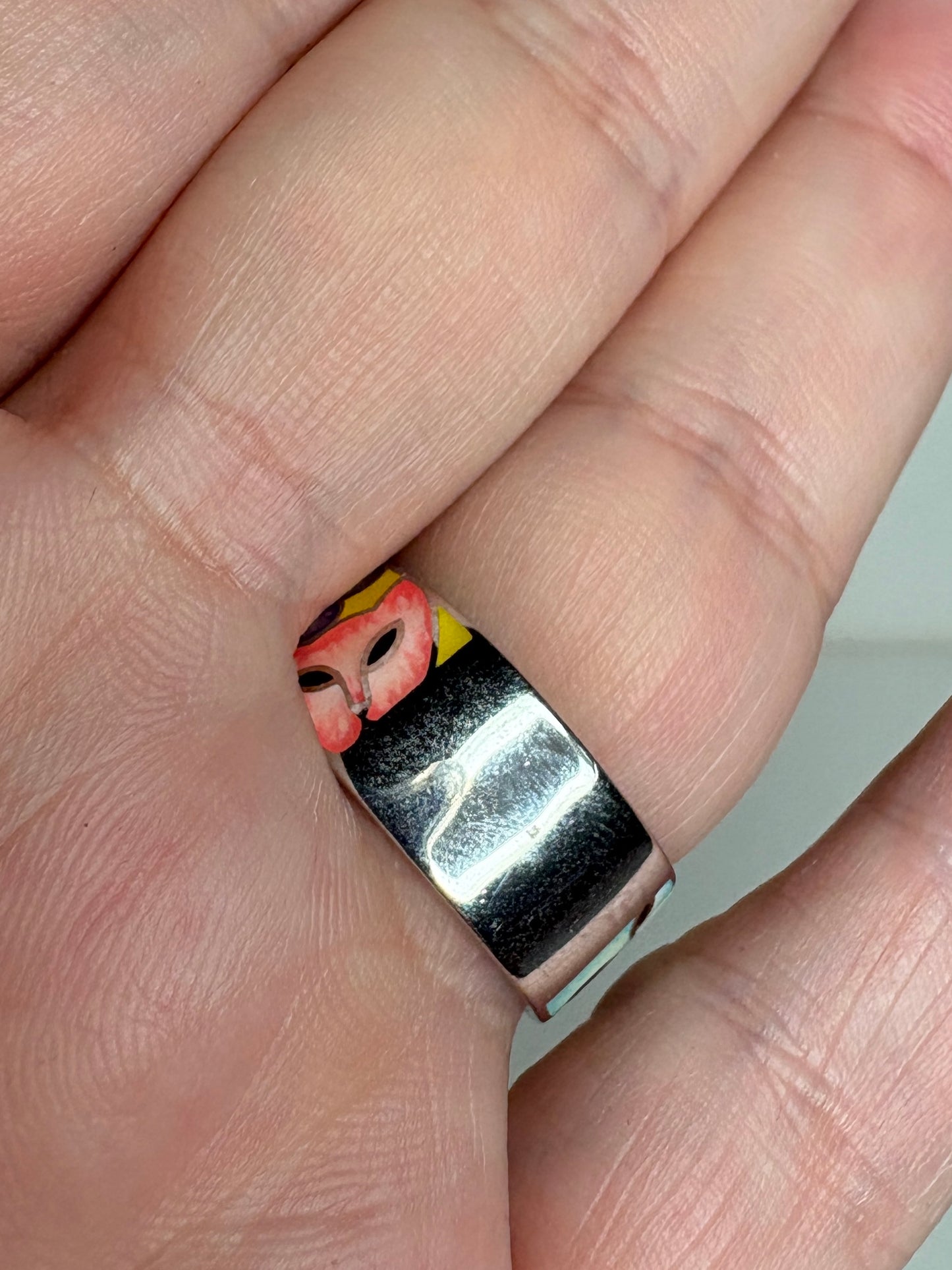 Colorful Enamel Cat Ring with Crystals in Sterling Silver Wide Band 9mm size 7