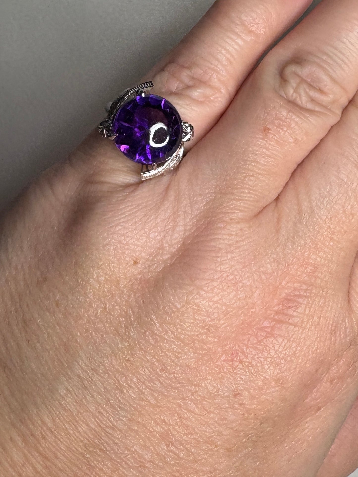Art Deco amethyst ring in rhodium over sterling silver.
