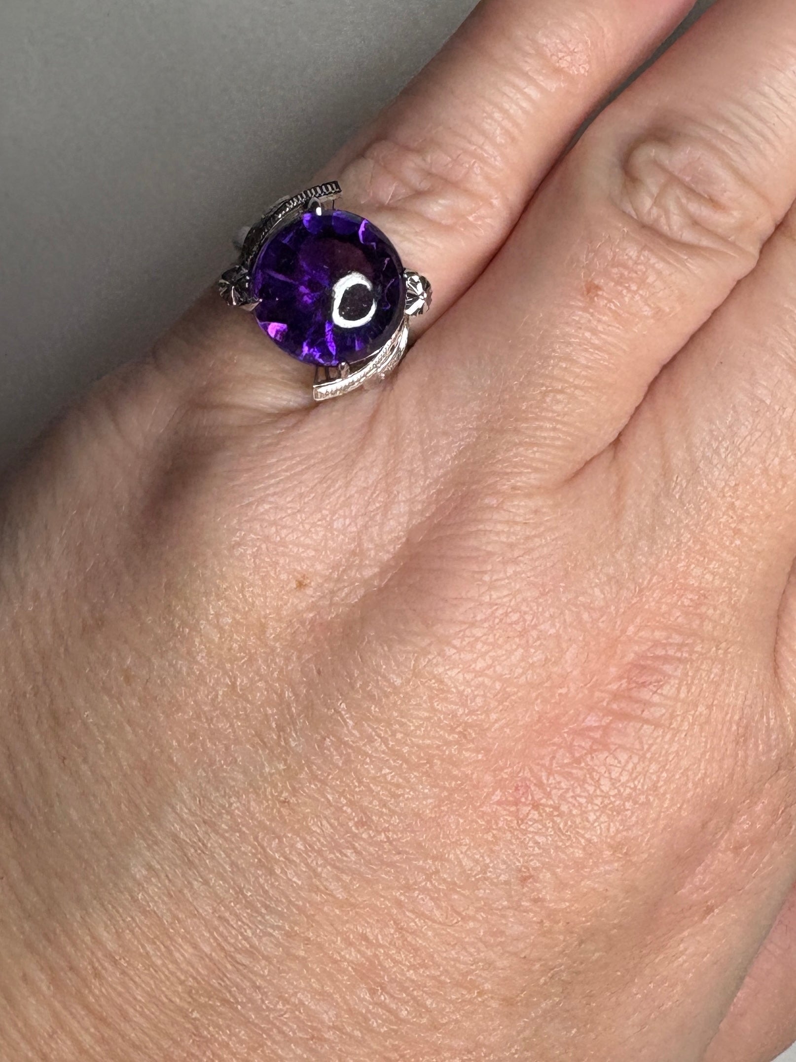 Art Deco amethyst ring in rhodium over sterling silver.