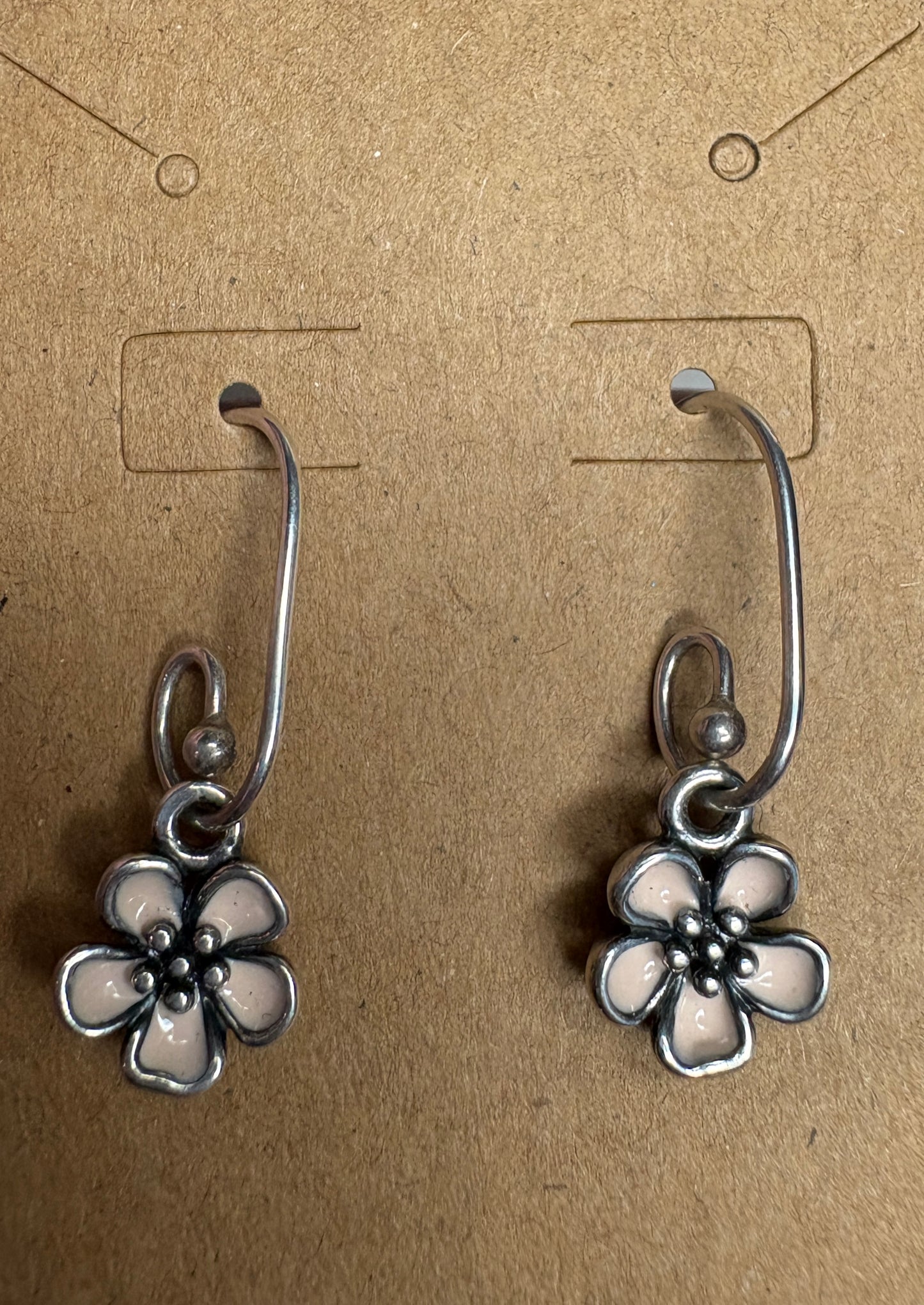 Pandora sterling silver dangle earrings with pink enamel cherry blossom charms.