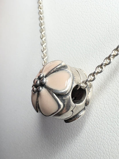 Pandora sterling silver cherry blossom stopper bead on an adjustable chain.