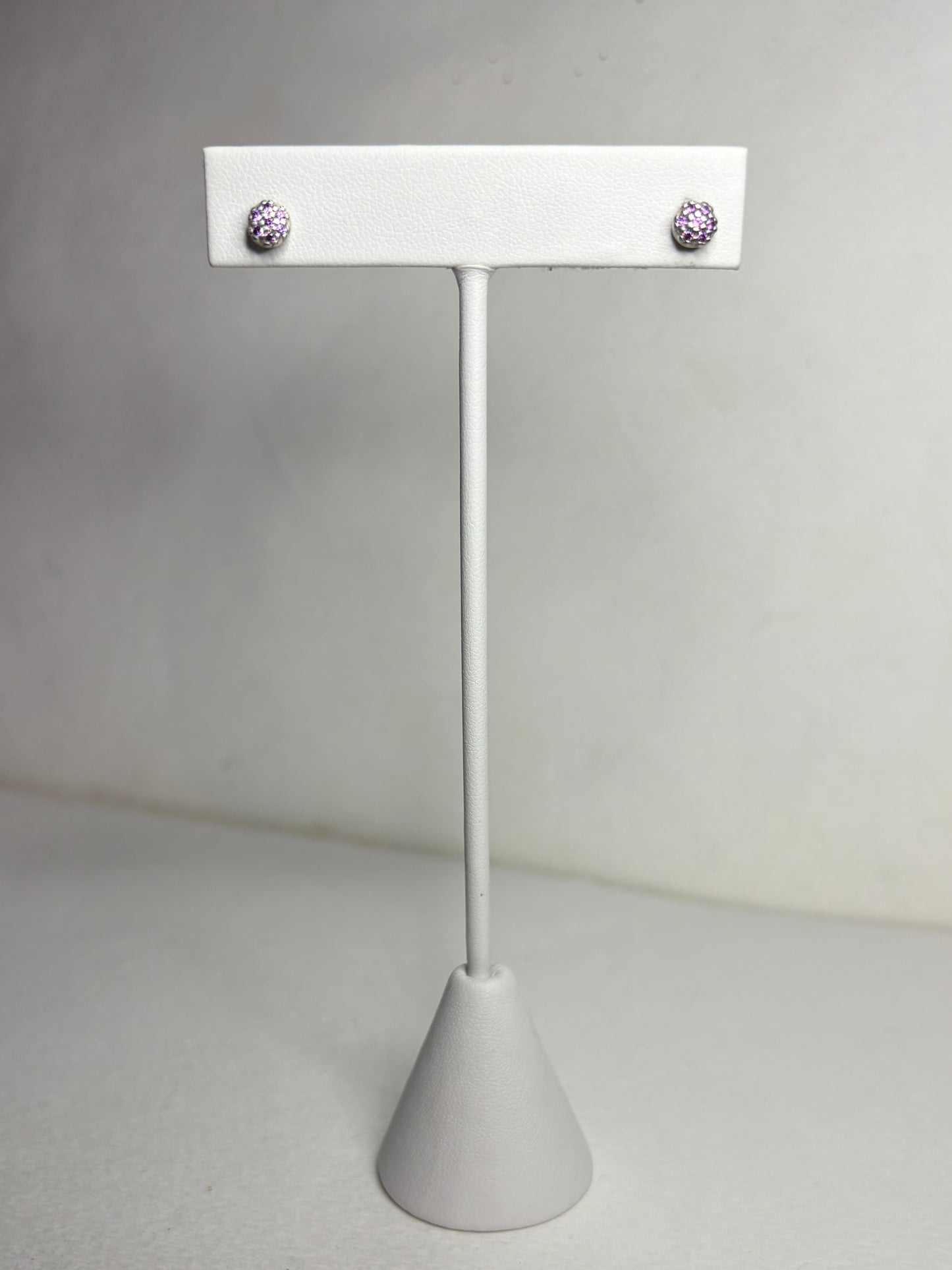 Violet purple pave Pandora stud earrings in sterling silver.