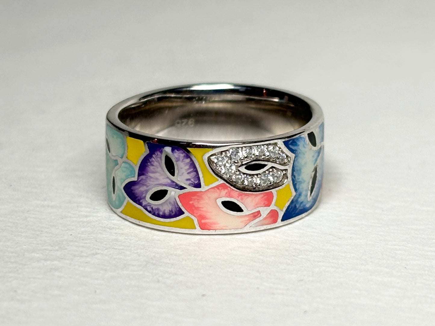 Colorful Enamel Cat Ring with Crystals in Sterling Silver Wide Band 9mm size 7