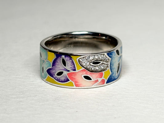Colorful Enamel Cat Ring with Crystals in Sterling Silver Wide Band 9mm size 7