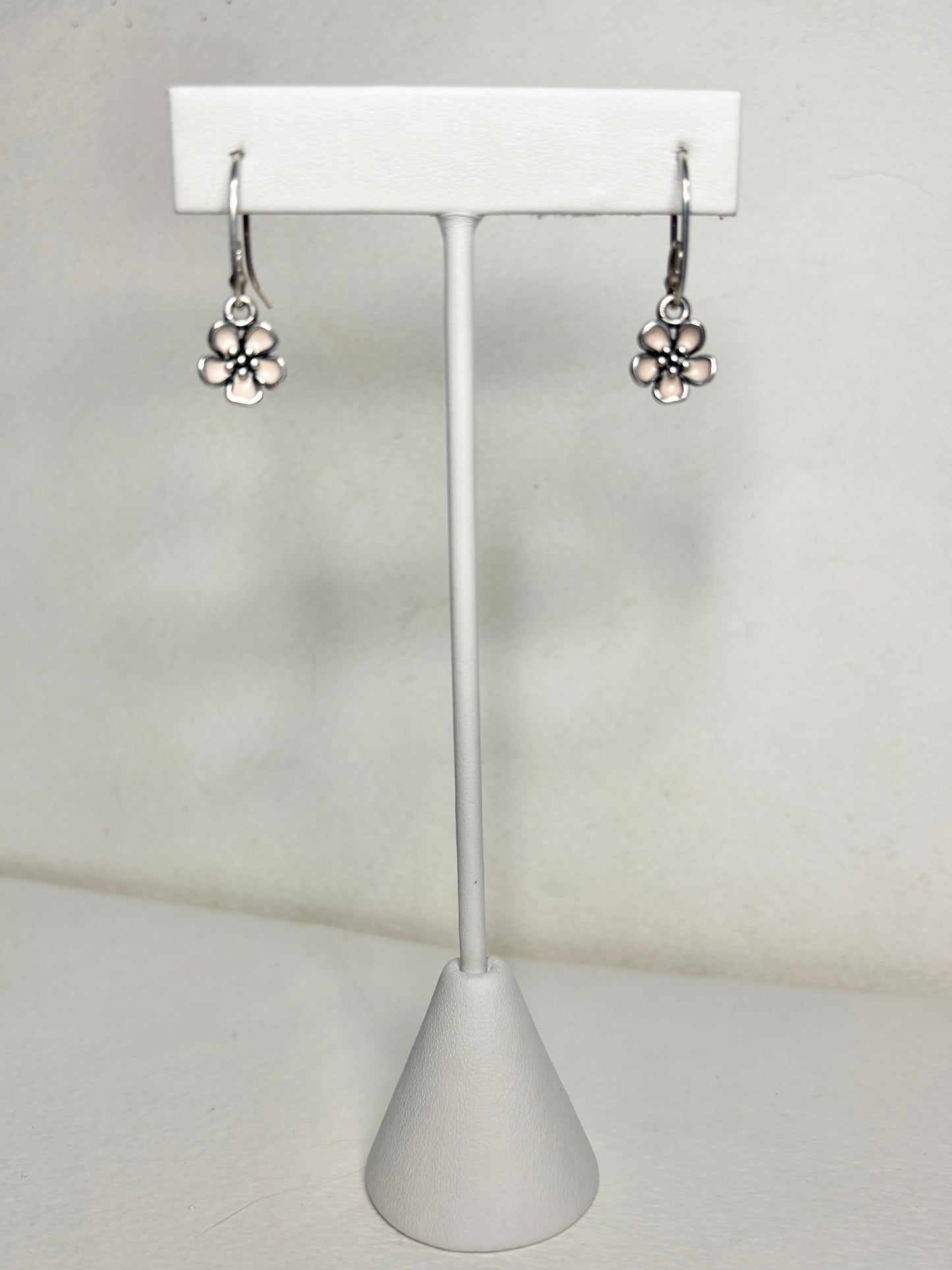 Pandora sterling silver dangle earrings with pink cherry blossom charms.