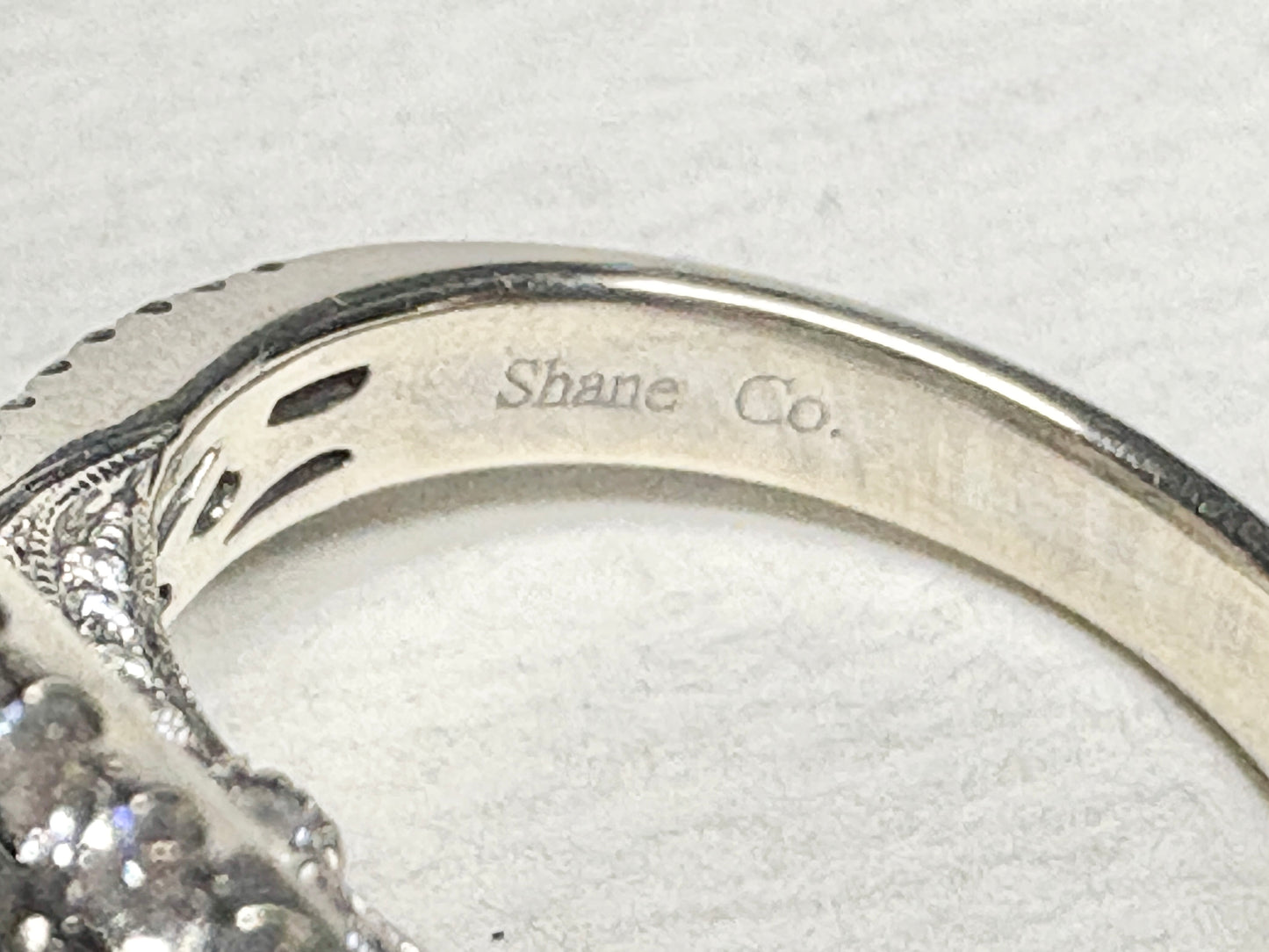 A 14k white gold Shane Co. ring setting with natural diamonds and a placeholder moissanite.