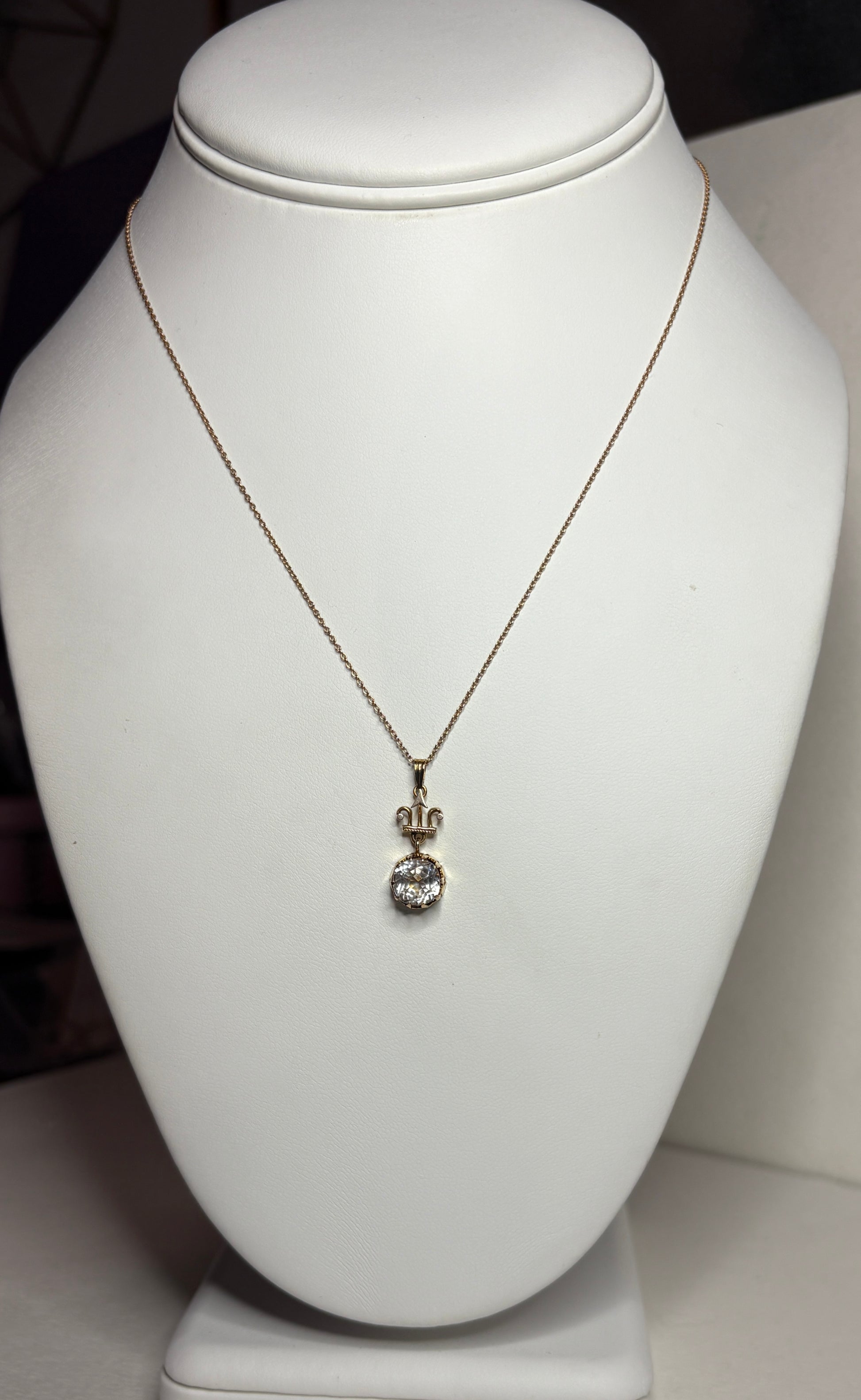 Antique Victorian Etruscan Revival rock crystal quartz pendant necklace in 14k gold with a 10k chain.