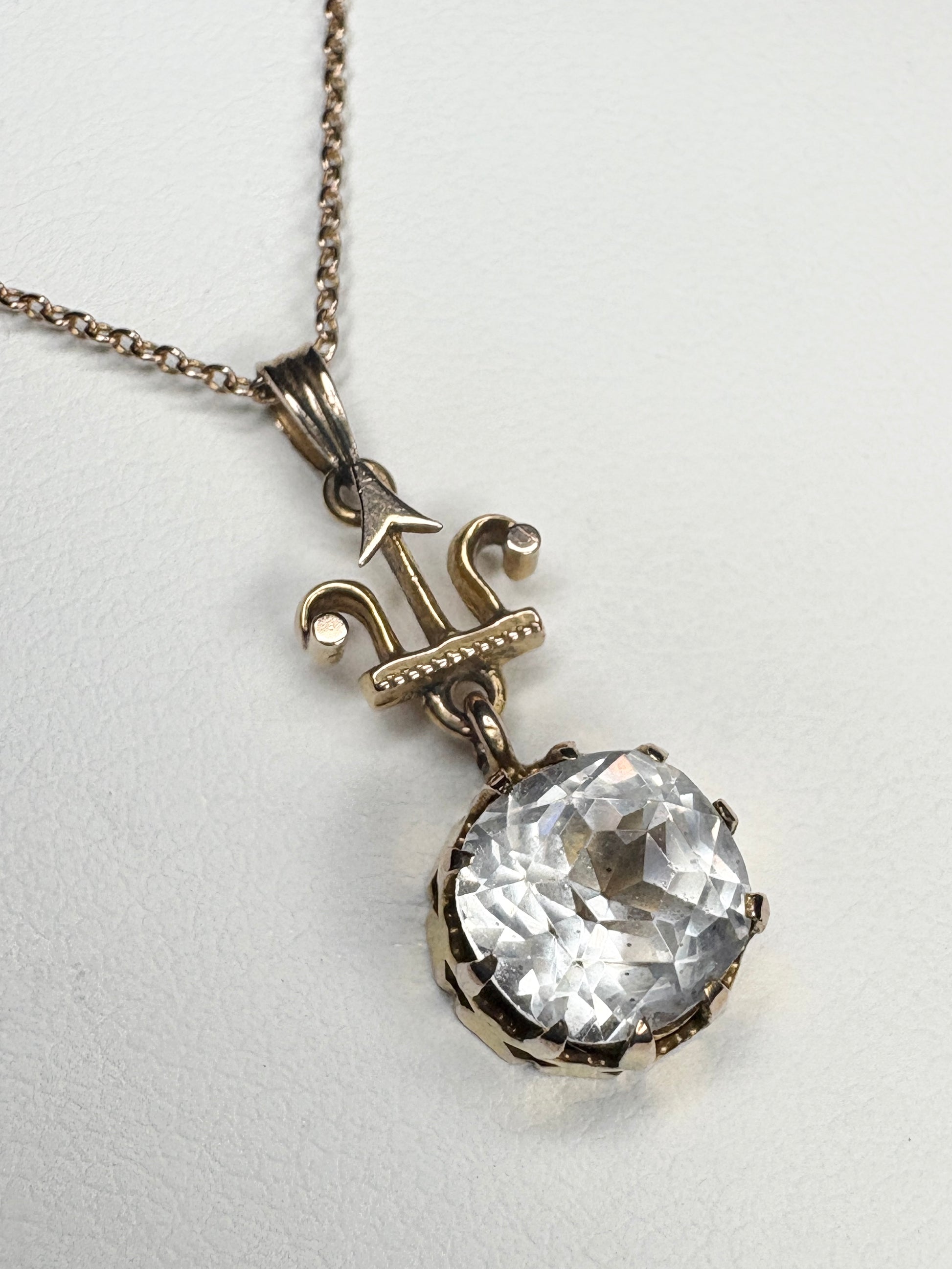 Antique Victorian Etruscan Revival rock crystal quartz pendant necklace in 14k gold.