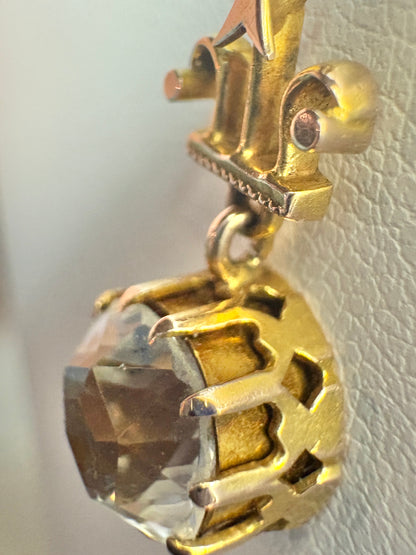 Antique Victorian Etruscan Revival pendant with rock crystal quartz in 14k gold.
