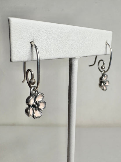 Pandora sterling silver dangle earrings with pink enamel cherry blossom charms.