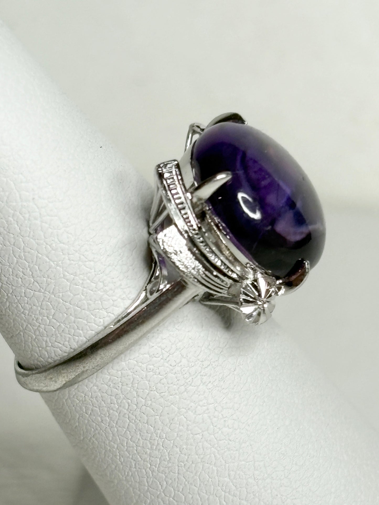 Art Deco amethyst ring in rhodium over sterling silver.