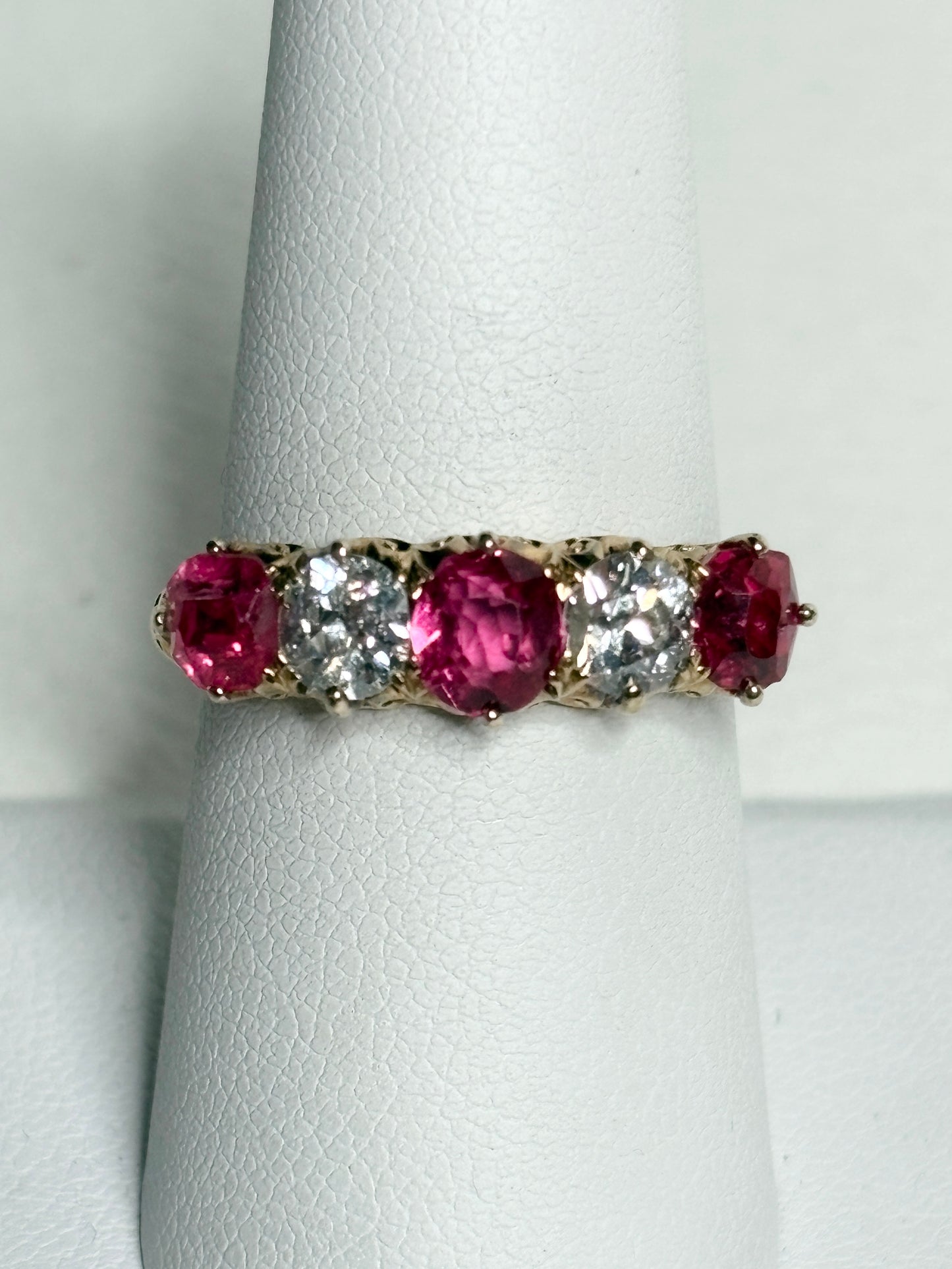 Antique 14k gold band ring with red spinel and old mine cut diamonds.
