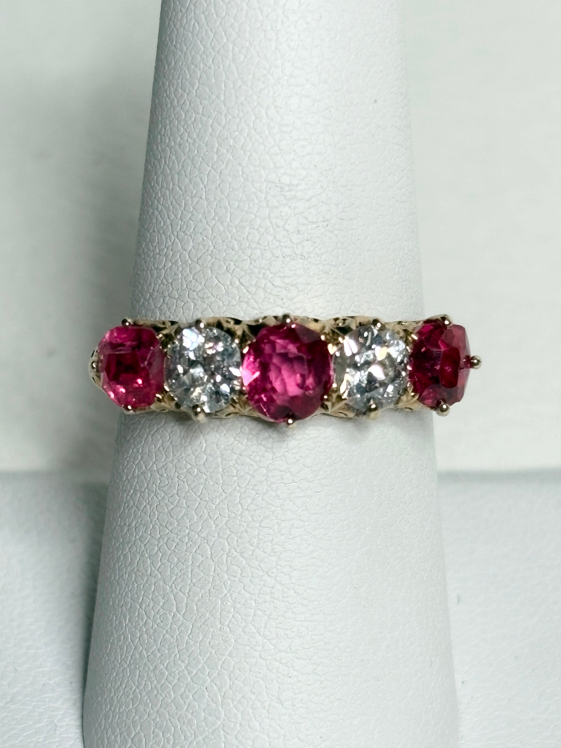 Antique 14k gold band ring with red spinel and old mine cut diamonds.