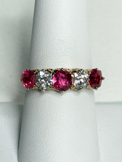 Antique 14k gold band ring with red spinel and old mine cut diamonds.
