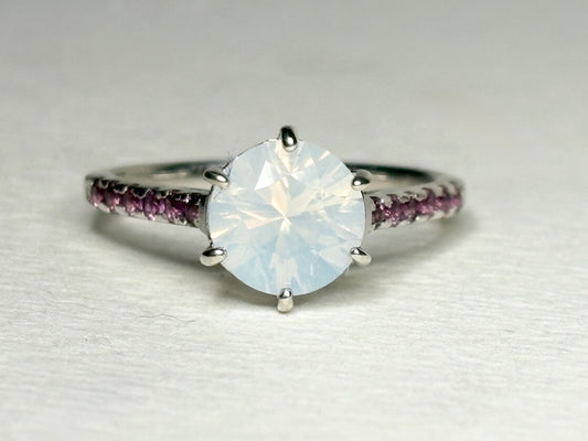 Sterling silver ring with milky white quartz and rhodolite garnets.