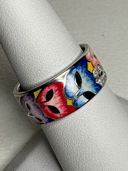 Colorful Enamel Cat Ring with Crystals in Sterling Silver Wide Band 9mm size 7