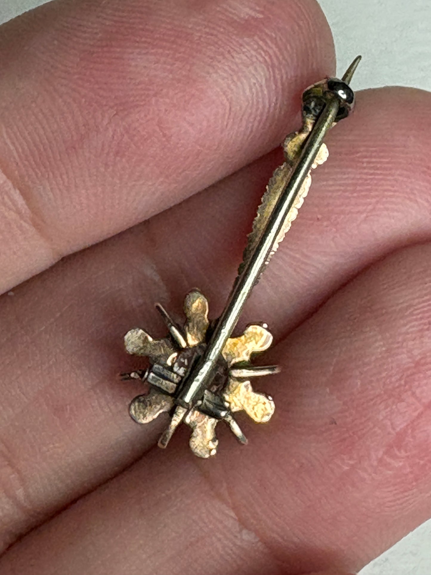 Antique 14k gold brooch pin with enamel and paste gem.