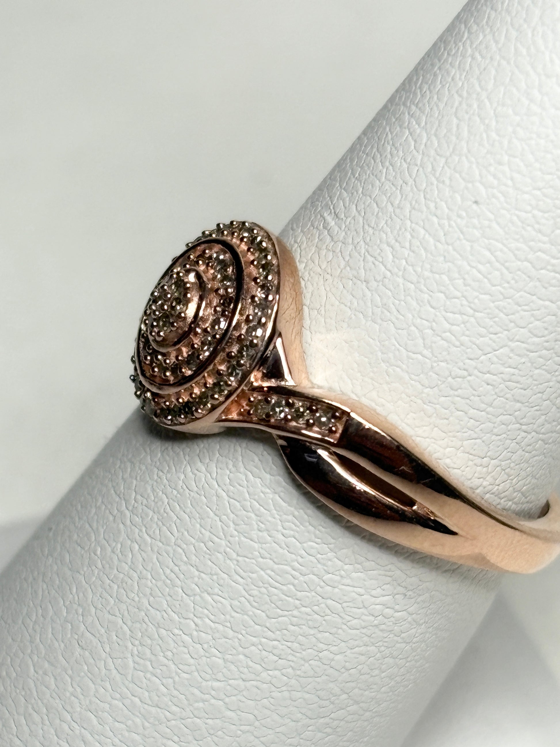 Rose gold over sterling silver ring with champagne and brown diamonds.