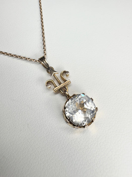Antique Victorian Etruscan Revival rock crystal quartz pendant necklace on a 10k gold chain.
