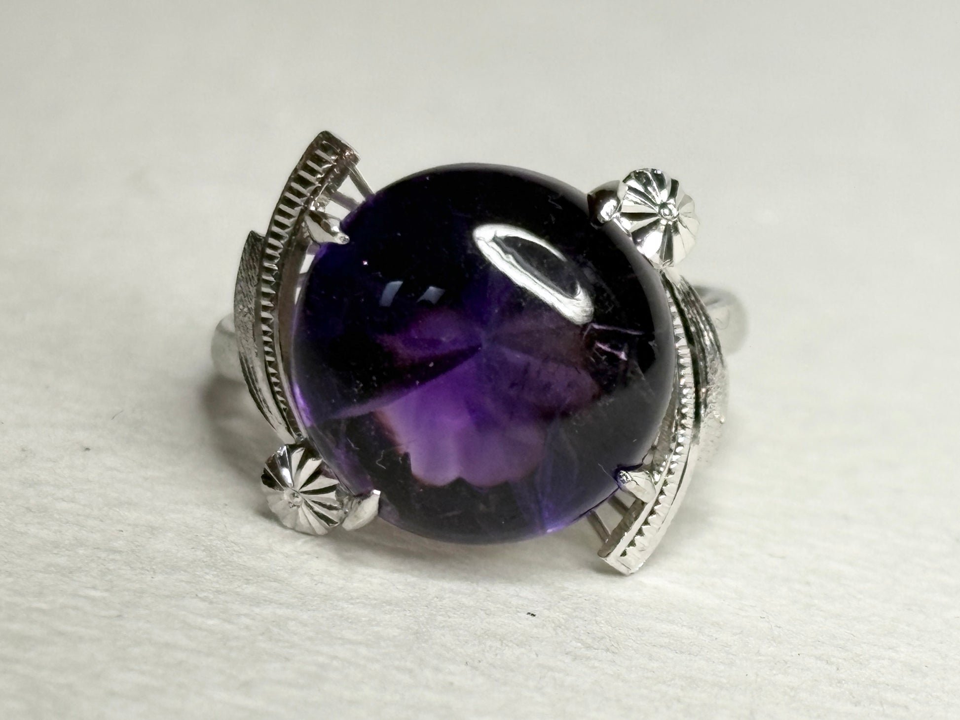 Art Deco amethyst ring in rhodium over sterling silver.