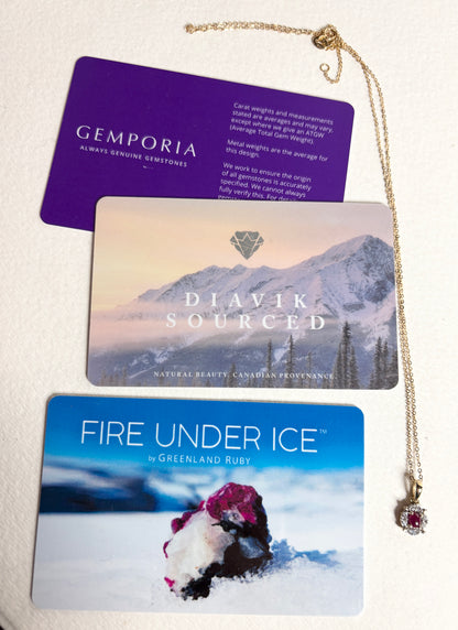 Gold necklace with ruby and diamond pendant on cards.