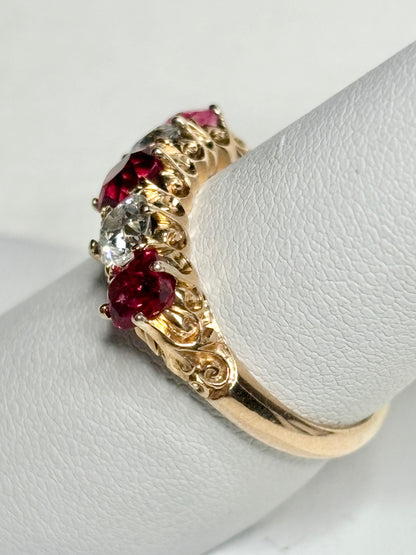 Antique 14k gold band ring with red spinel and old mine cut diamonds.