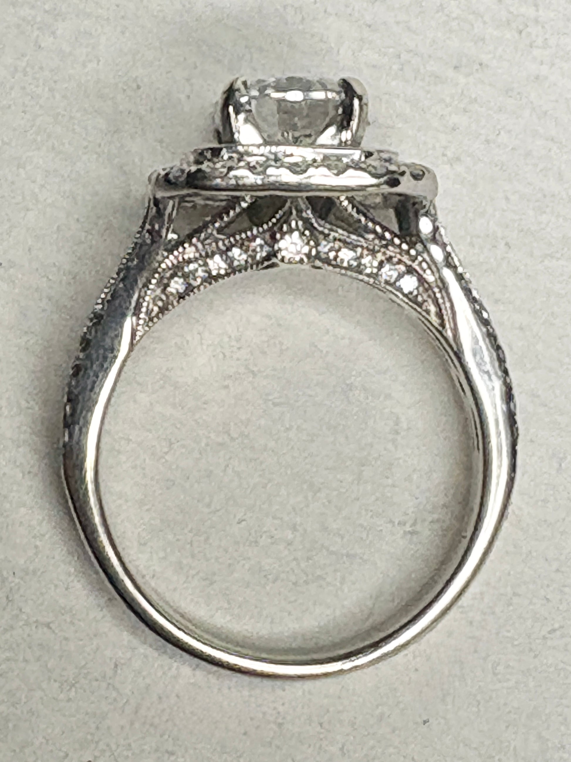 A 14k white gold ring with a central moissanite and a double halo of natural diamonds.