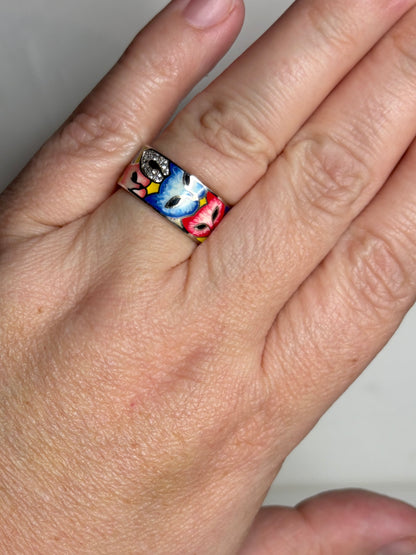 Colorful Enamel Cat Ring with Crystals in Sterling Silver Wide Band 9mm size 7