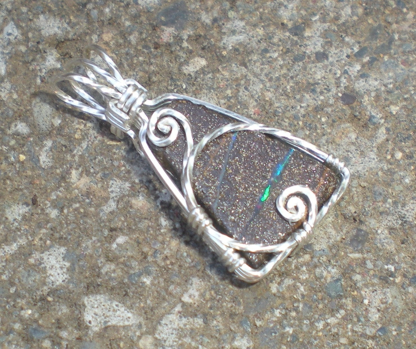 Koroit Boulder Opal sterling silver wire wrapped pendant