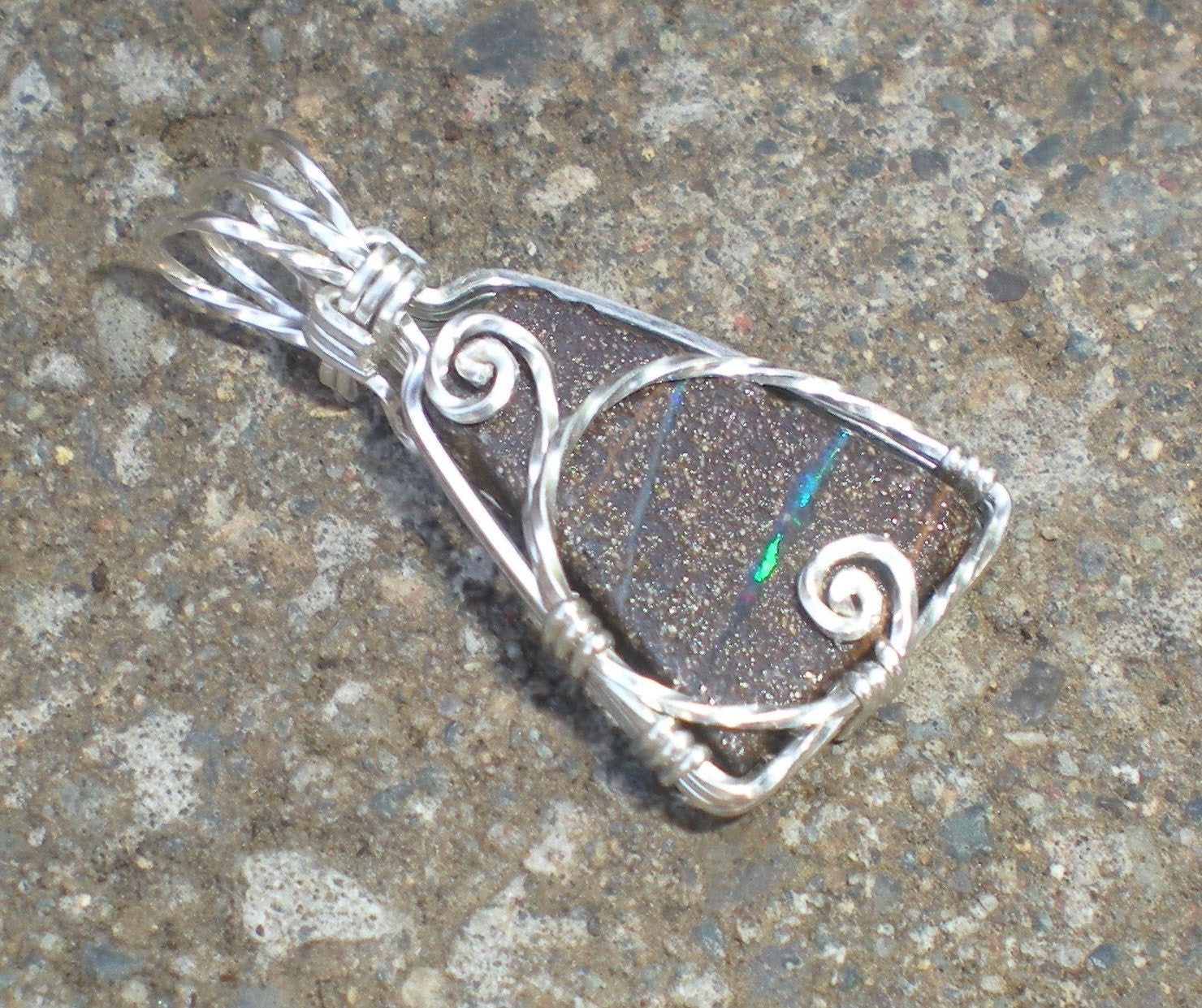 Koroit Boulder Opal sterling silver wire wrapped pendant
