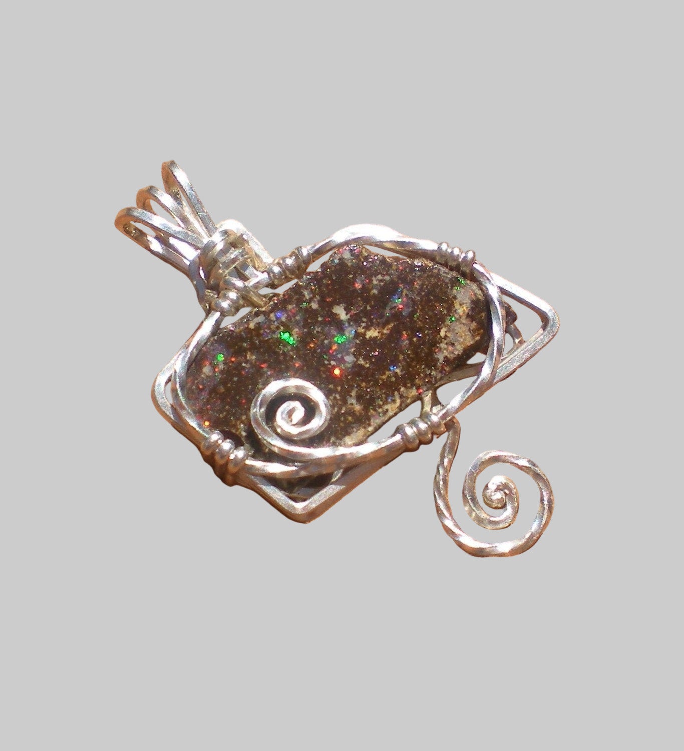 Koroit Boulder Opal Sterling Silver Wire Wrapped Pendant