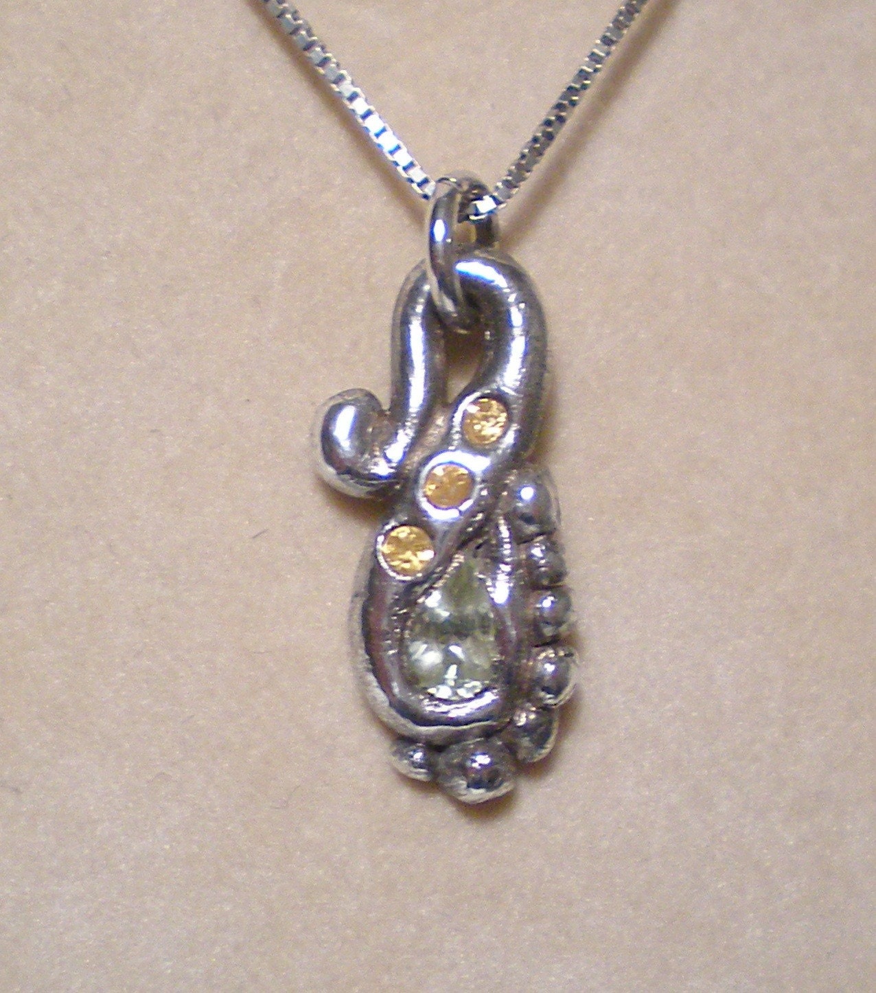 Chrysoberyl and Sapphire fine silver funky rustic ooak swirl pendant