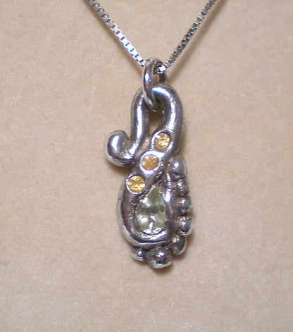 Chrysoberyl and Sapphire fine silver funky rustic ooak swirl pendant